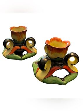 Beautiful Pair of Hand-Painted Ceramic Floral Candle Holders from Japan 🇯🇵✨